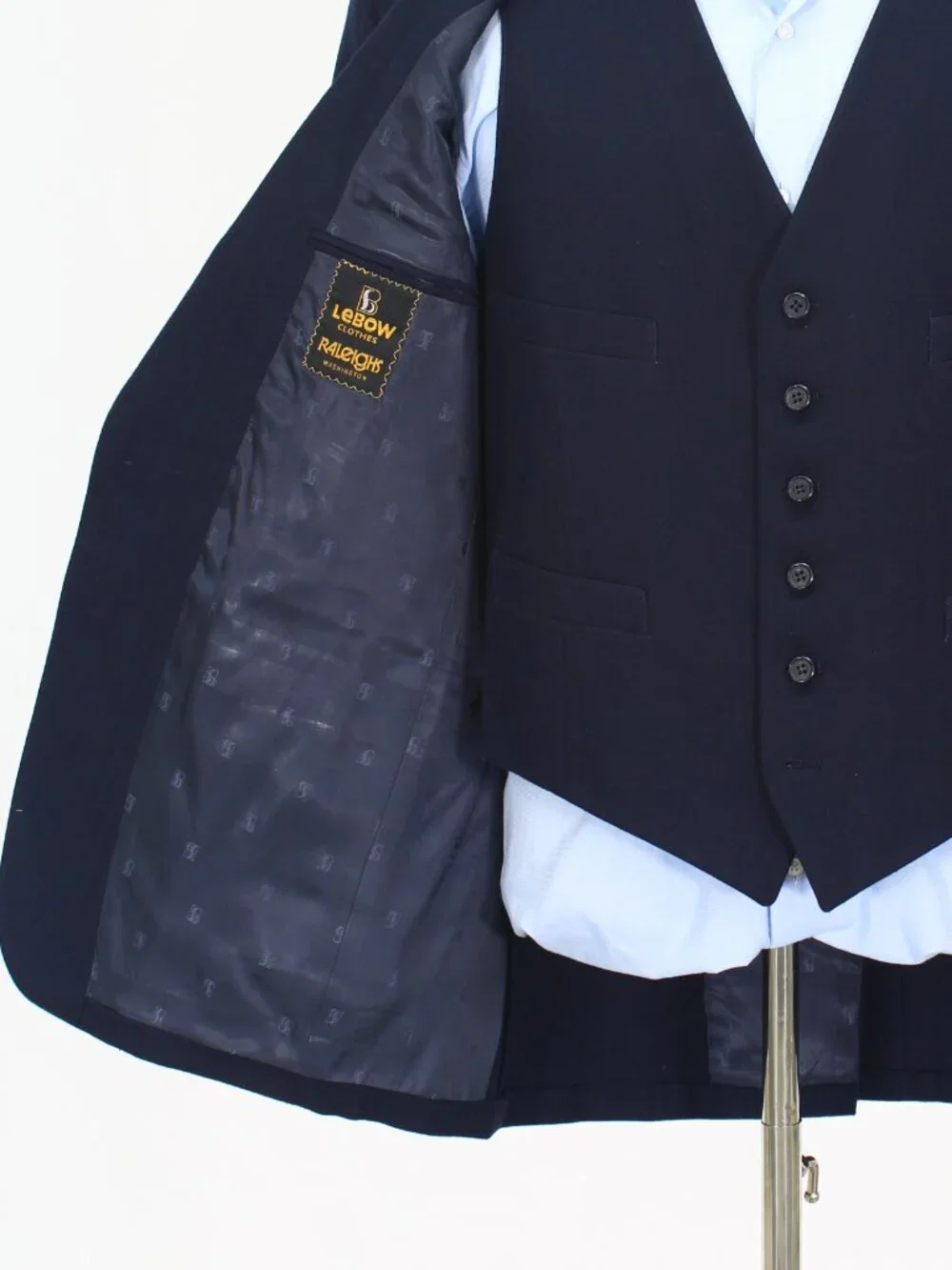 Vintage 1970s 44R 38x29 Navy Full Suit 2-Button Herringbone R932